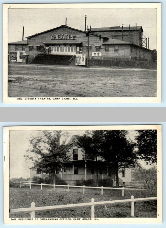 2 Postcards CAMP GRANT, Rockford IL ~ LIBERTY THEATRE Commanding Office Home