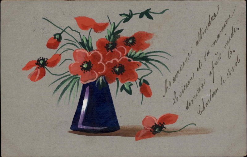 Handmade Hand Painted Flowers in Vase c1910 Psotcard