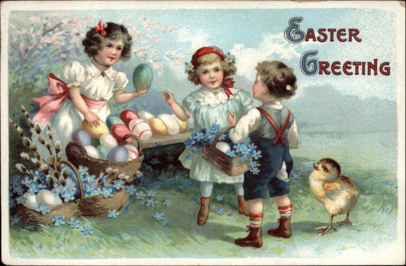 Easter Little Boy in Overalls Little Girls Children's Fashion c1910 Postcard