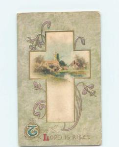 Pre-Linen easter religious RIVER SCENE PRINTED ON FABRIC ON POSTCARD HL1126