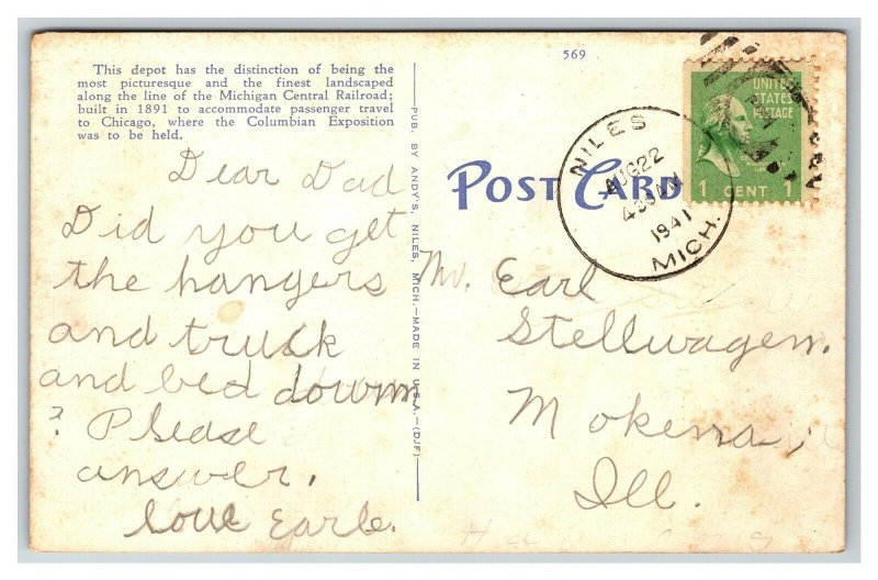 Postcard Michigan Central Depot Niles Michigan 1941 Linen pc1731