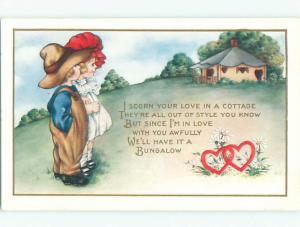 Unused Pre-Linen valentine GIRL AND BOYFRIEND LOOKING AT COTTAGE k5548