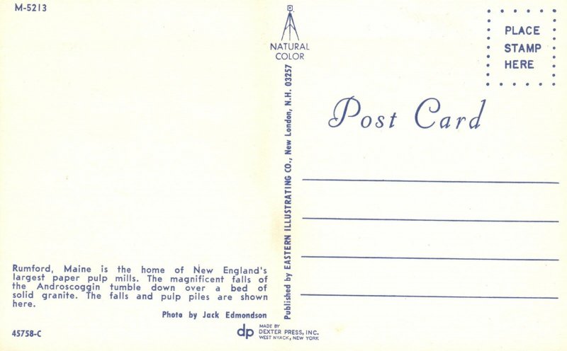 ​​​Vintage Postcard Rumford Home Of Paper Pulp Mills & Androscoggin Falls Maine