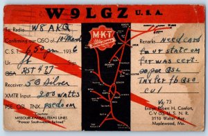 1936 Ham Radio QSL W9LGZ MKT Katy Lines Route Map Maplewood MO Vintage Postcard