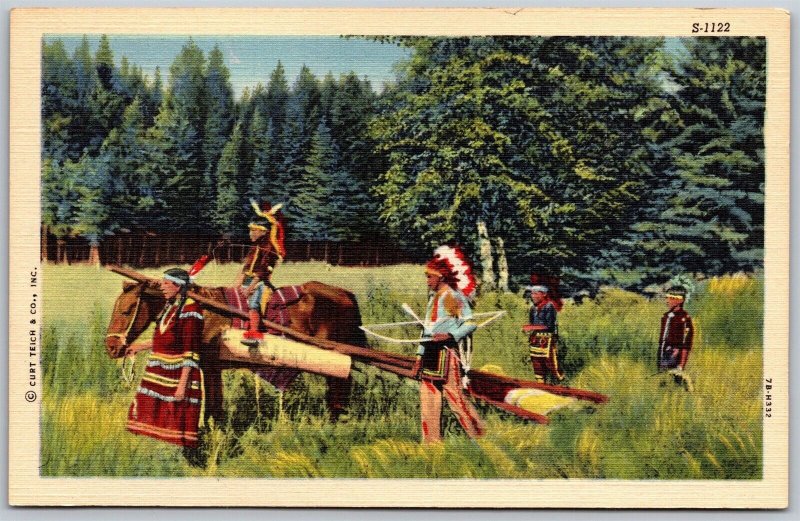 Vtg Native American Indian Family Horse Drawn Travois 1940s Linen Postcard