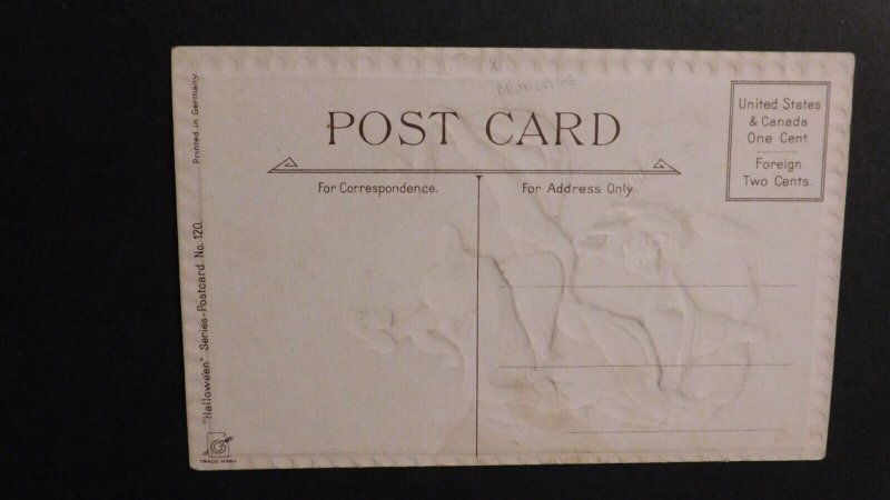 Mint Postcard Halloween Greetings Witch Broom Black Cat