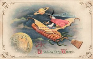 Halloween, Winsch 1914 No 3938-2,Moon Face Watching Witch Driving Corn Cob Broom