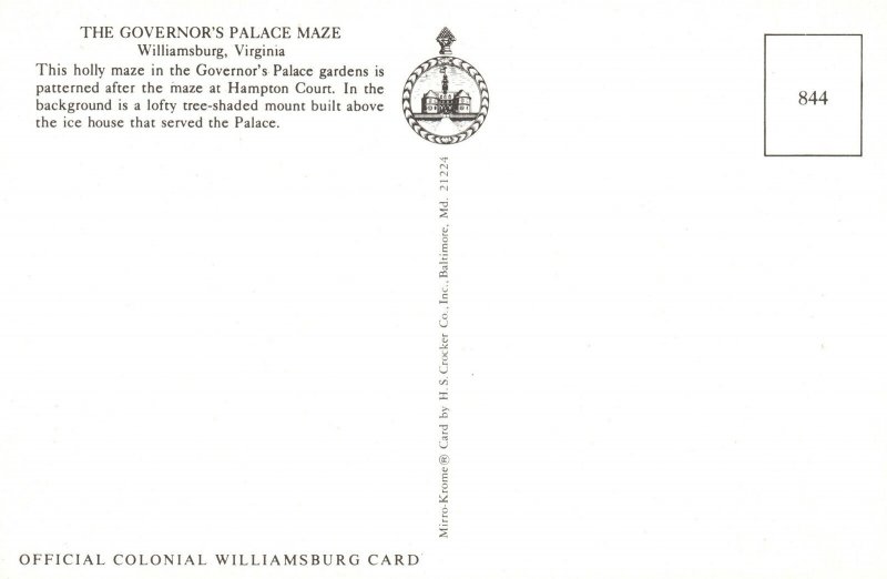 Postcard Governor's Palace Maze Patterned After Hampton Court Williamsburg VA