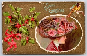 Artist Signed F Earl Christy Christmas~Pretty Lady w/Huge Hat~Bird~PM 1909 PC