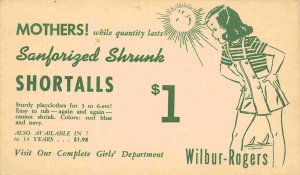 Shortalls Playclothes Girls Clothing Wilbur Rogers Store advertising postcard