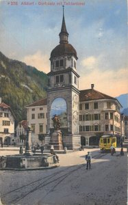 Switzerland Altdorf Uri square and Tell monument tramway 1912 label stamp