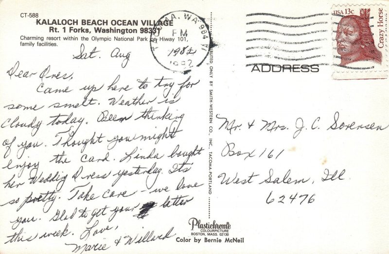 CONTINENTAL SIZE POSTCARD KALALOCH BEACH OCEAN VILLAGE OLYMPC NAT'L PARK W.A.