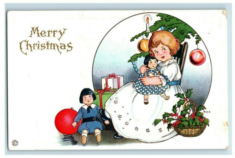 C.1910 Adorable Girl With Dolls Tree Presents Ornaments Stecher Postcard P78 