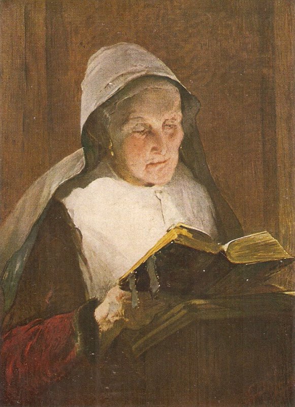 Old lady reading the Bible Fine painting, vintage German postcard