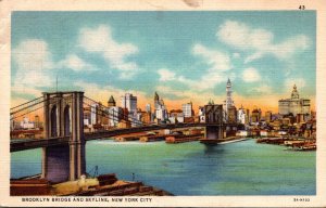 New York City Brooklyn Bridge and Skyline 1935 Curteich