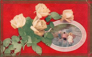 Vintage Postcard 1911 Seascape Children Yellow Roses Remembrance Card