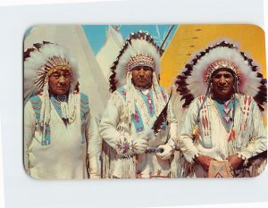 Postcard Three Heap Big Native American Indian Chiefs Tribal Full Dress Regalia