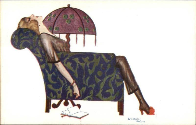 Semi Nude Sexy Woman Falls Asleep in Chair Reading Book BALDRICH Postcard