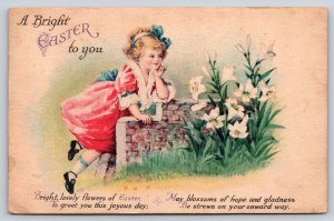 Clapsaddle Easter~Victorian Girl Leans on Brick Wall~Lily Flower Plants~WOLF