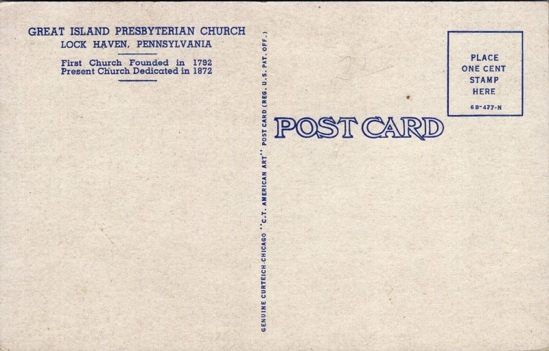 Postcard Great Island Presbyterian Church Lock Haven PA