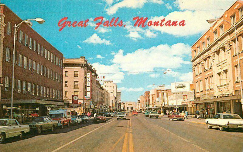 Autos Business District Central Great Falls Montana 1960s Postcard Ellis 5162