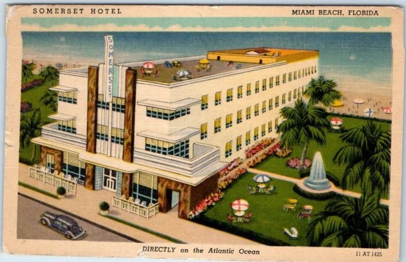 Miami Beach Florida Postcard Somerset Hotel Art Deco Bldg Linen 1947 Cancel Hippostcard