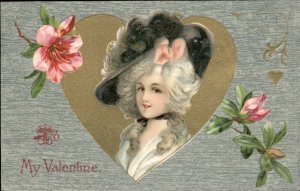 Valentines Beautiful Woman Large Hat Gilt Embossed WINSCH Vintage Postcard