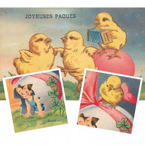 Easter greetings unit of 2 postcards 1943 Belgium drawn musical chickens fantasy