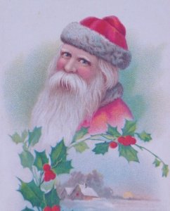 Santa Claus Old World Holly Antique Vintage Christmas Postcard Germany Unused