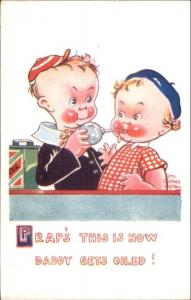 Cute Kids HOW DADDY GETS OILED - Rita Florence Weston c1920 Postcard
