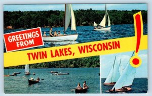 Greetings from TWIN LAKES, Wisconsin WI ~Sailboats 1960s Kenosha County Postcard