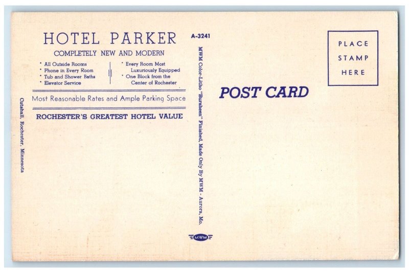 c1940's Hotel Parker III Exterior And Exterior Rochester Minnesota MN Postcard