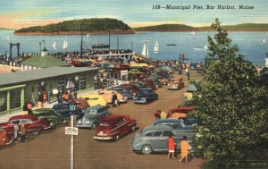 Vintage Postcard 1950's Municipal Pier Car Park Street View Bar Harbor Maine ME