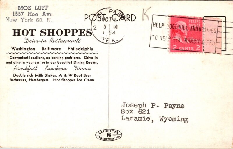 Postcard The Hot Shoppes Drive-In Restaurants Washington Baltimore Philadelphia