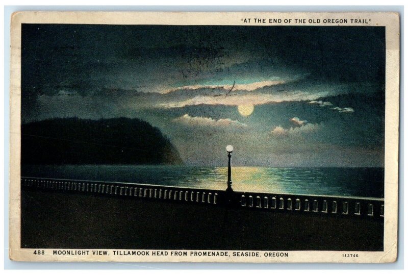 1930 Moonlight View Tillamook Head From Promenade Seaside Oregon OR Postcard