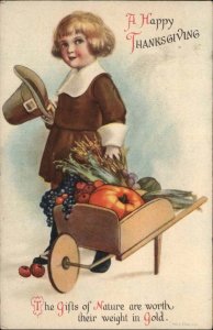 Clapsaddle Thanksgiving Wolf Pub Little Boy Pilgrim Wheelbarrow c1920 PC