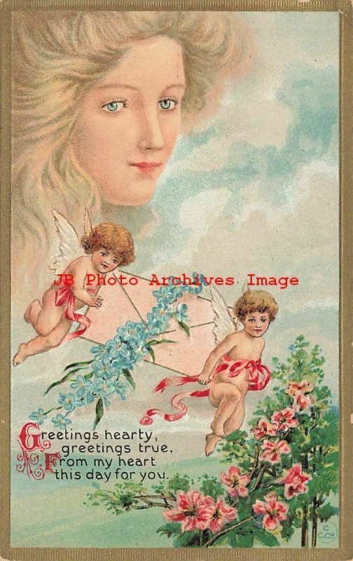 6 Fantasy Postcards, Kaplan No 57, Woman's Head in Clouds, Cupid with Flowers