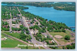 Chetek Wisconsin WI Postcard Greetings Bird's Eye View City Of Lakes c1960's