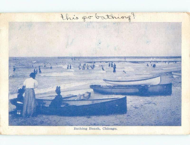 Divided-Back ANTIQUE CANOE BOATS ON BEACH SHORELINE Chicago Illinois IL d8492