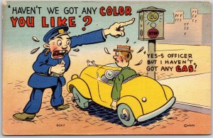 1946 Man in Yellow Car Caught by Police Officer Comic Card Posted Postcard