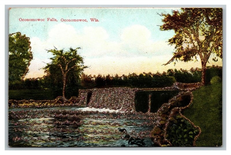 Vintage 1910's Postcard Glitter Covered Landscape Oconomowoc Falls Wisconsin
