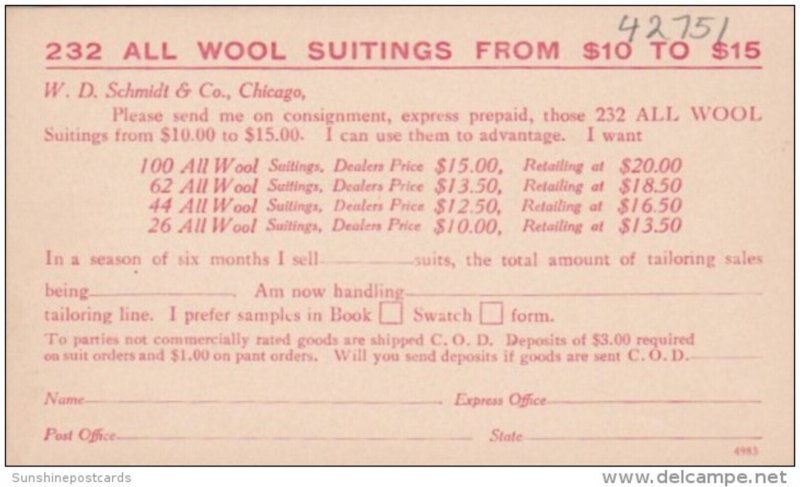 Advertising Clothing W D Schmidt & Co Chicago Illinois