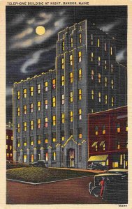 Telephone Building Night Moonlight Bangor Maine linen postcard