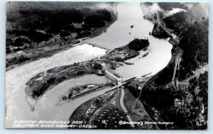 RPPC COLUMBIA RIVER, OR/WA ~ Aerial View of BONNEVILLE DAM 1953 Postcard