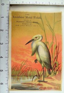 1870's-80's Excelsior Metal Polish Walpole Emery Mills Egret Bird In Pond &F 