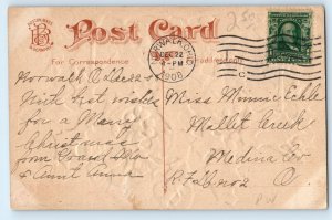 1908 Christmas Santa Claus Reindeer Holly Berries Embossed Norwalk OH Postcard