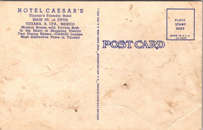 Linen Postcard Caesar's Hotel Main Street at Fifth in Tijuana, Mexico