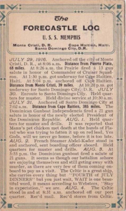 U S S Memphis Forecastle Log 29 July 1916
