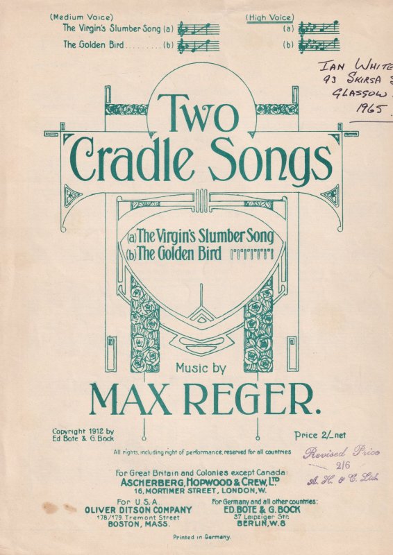 Max Reger Two Cradle Songs Virgins Slumber Golden Bird Olde Sheet Music