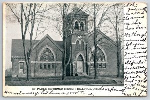 Bellevue Ohio~St Pauls Reformed Church Bldg~B&W Photo~PM 1908~Vintage Postcard